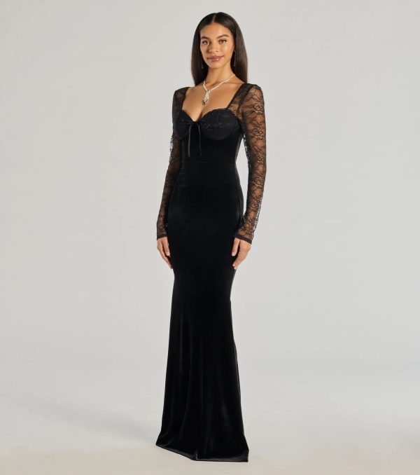 Jaya Long Sleeve Lace And Velvet Column Dress - Image 4