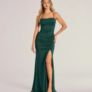 Estelle Strappy Open-Back Ruched Mermaid Dress