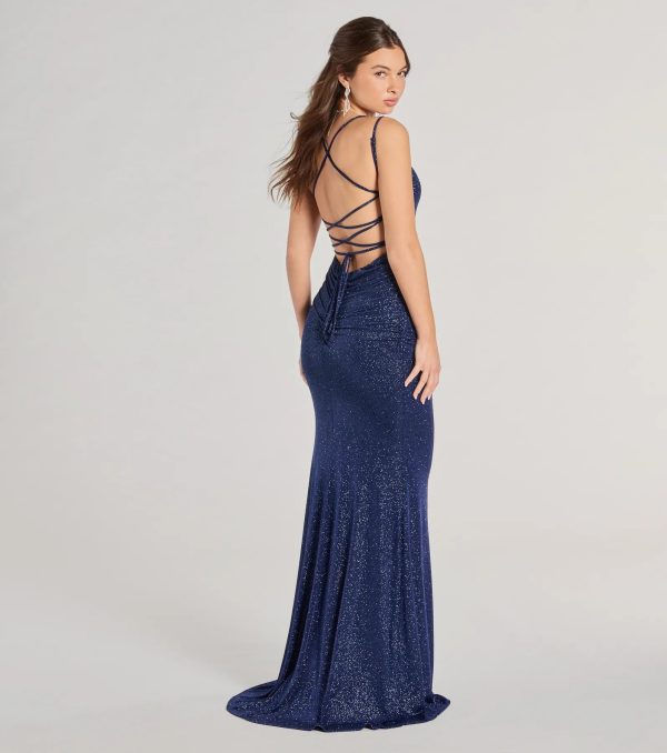 Rylie Formal Glitter Lace-Up Column Dress - Image 15
