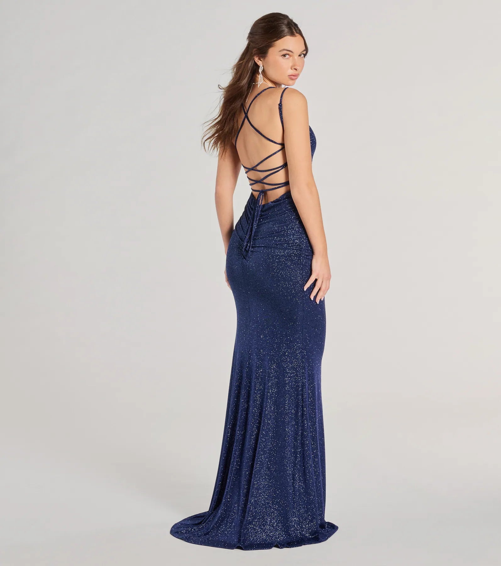Rylie Formal Glitter Lace-Up Column Dress - Image 15