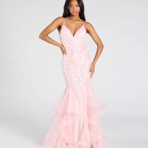 Sylvia Lace-Up Mermaid Tulle Ruffle Sequin Dress