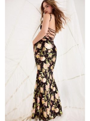 Drea Floral Velvet Burnout Lace-Up Mermaid Dress
