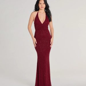 Blake Halter V-Neck Beaded Column Formal Dress