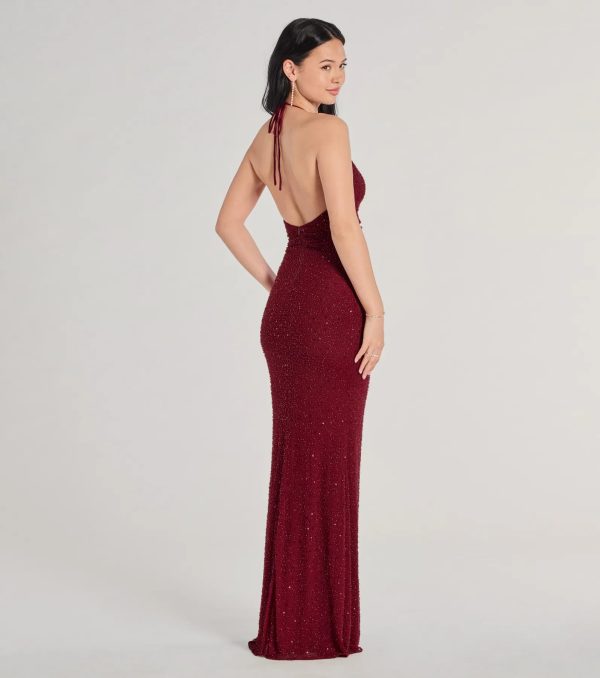 Blake Halter V-Neck Beaded Column Formal Dress - Image 2