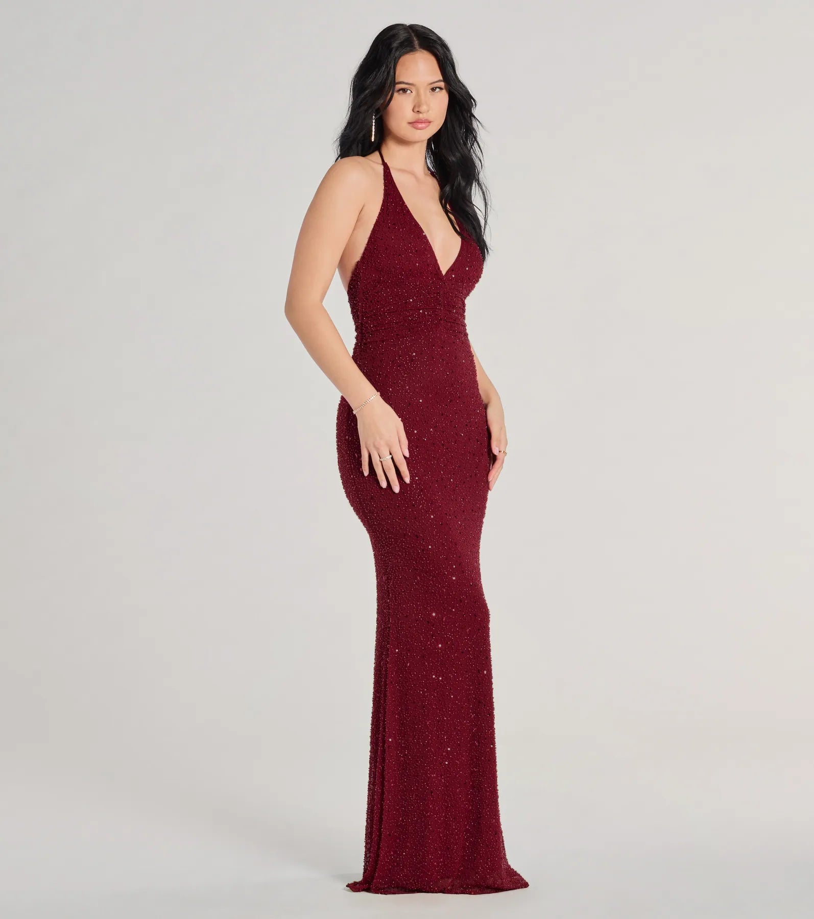 Blake Halter V-Neck Beaded Column Formal Dress - Image 5