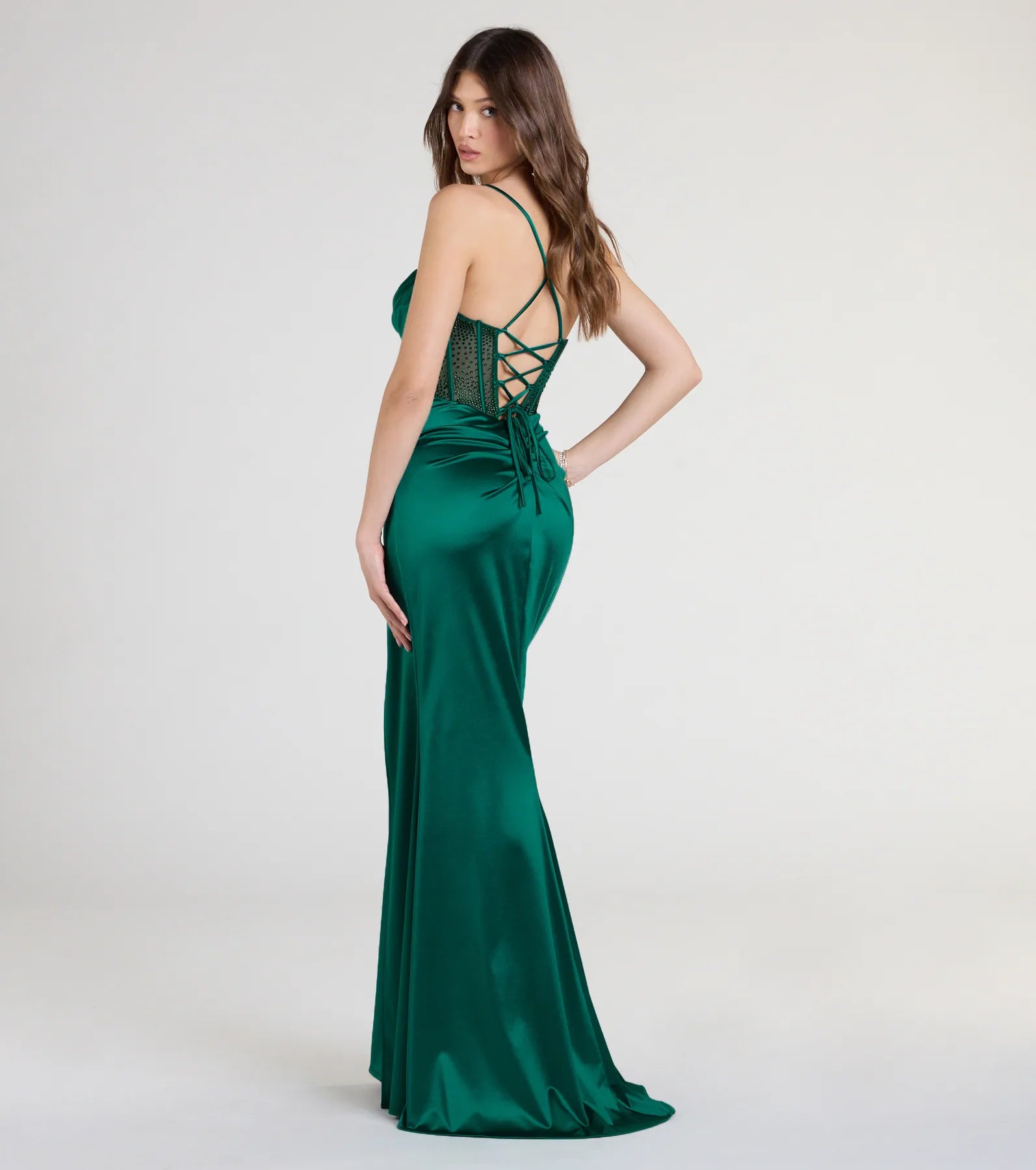 Gabbie Lace-Up Rhinestone Corset Satin Formal Dress - Image 3