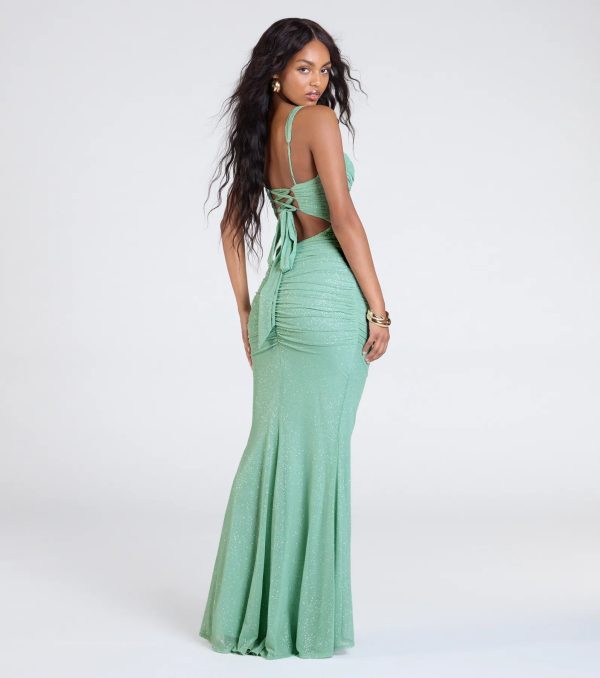 Jenna Lace-Up Ruched Mermaid Glitter Formal Dress - Image 2