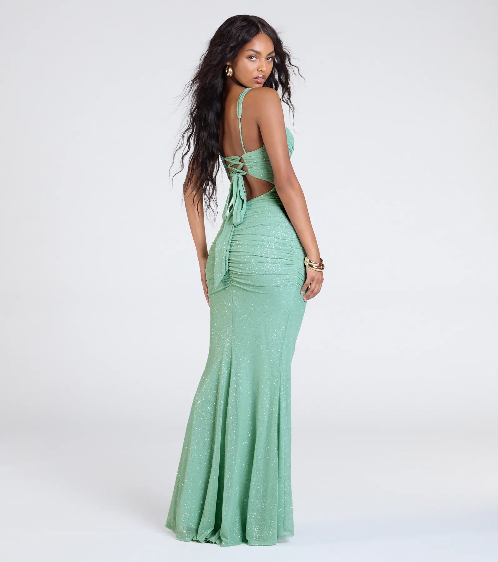 Jenna Lace-Up Ruched Mermaid Glitter Formal Dress - Image 2