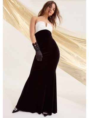 Marnie Strapless Satin Bow Velvet Column Formal Dress