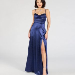 Ashtyn Glitter Satin High Slit A-Line Formal Dress