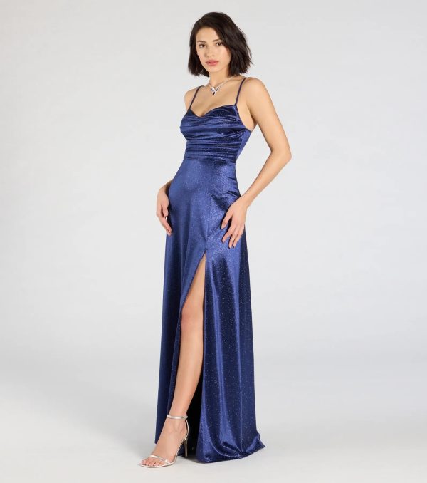 Ashtyn Glitter Satin High Slit A-Line Formal Dress - Image 4