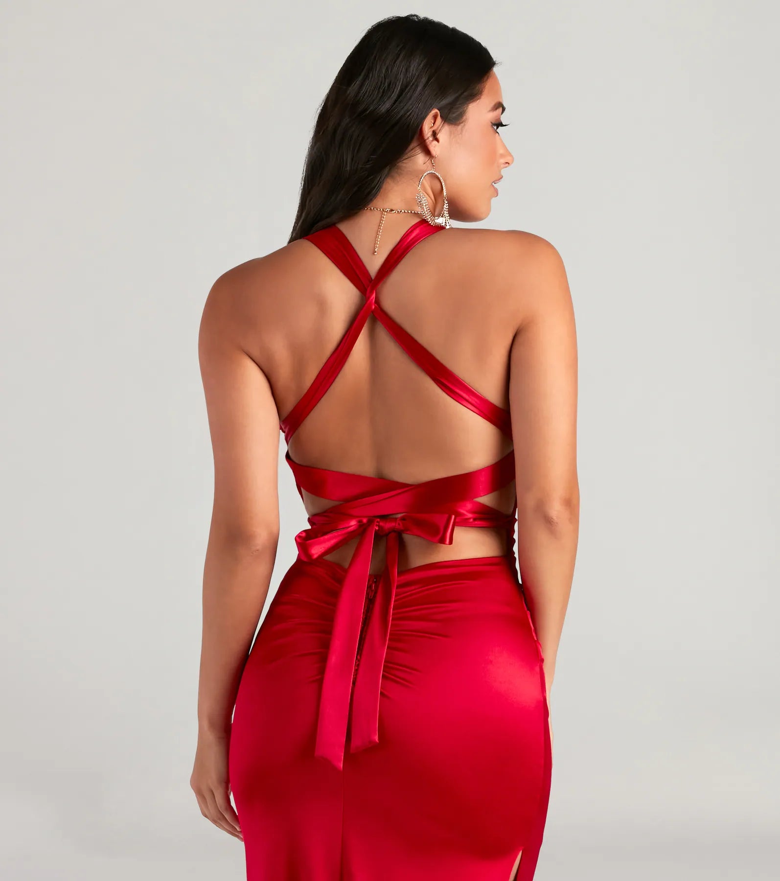 Jamie Lace-Up Satin Formal Column Dress - Image 4
