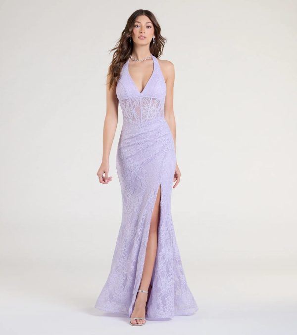 Cadie Halter Corset Slit Lace Formal Dress - Image 2