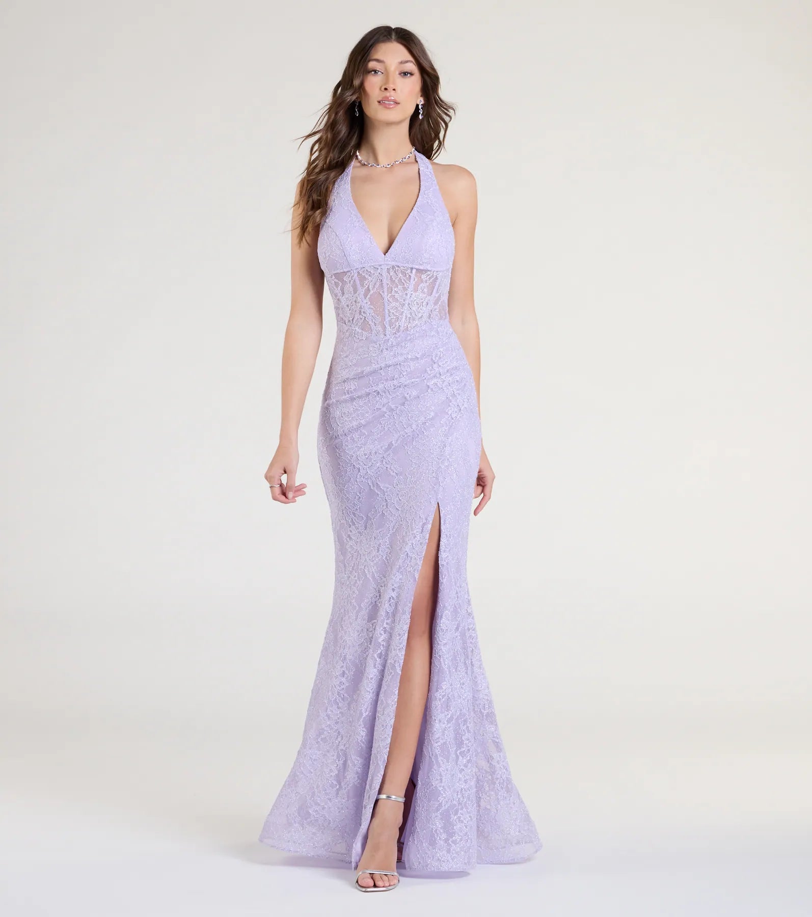 Cadie Halter Corset Slit Lace Formal Dress - Image 2
