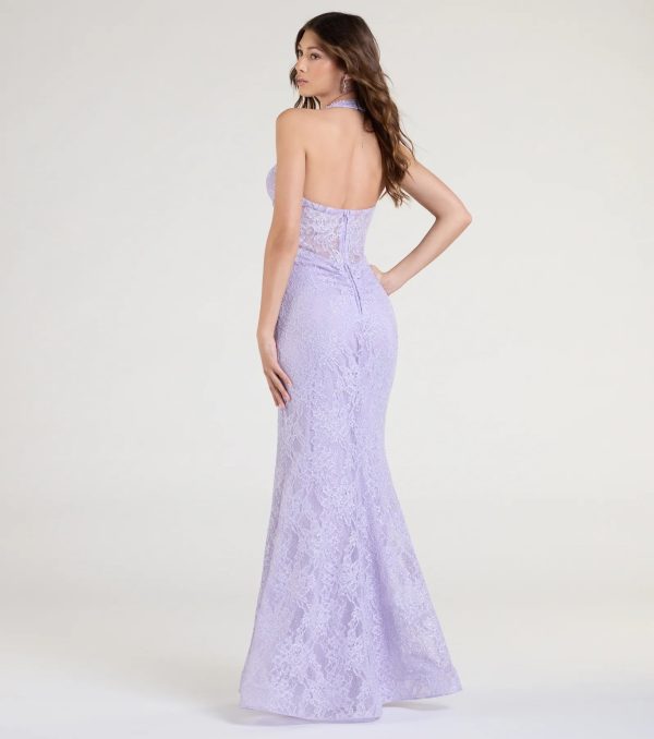 Cadie Halter Corset Slit Lace Formal Dress - Image 3