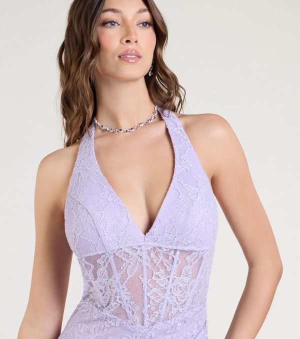 Cadie Halter Corset Slit Lace Formal Dress - Image 5