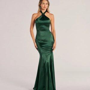 Hallie Satin Sleeveless Halter Mermaid Dress