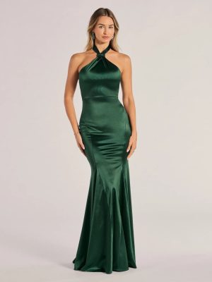 Hallie Satin Sleeveless Halter Mermaid Dress