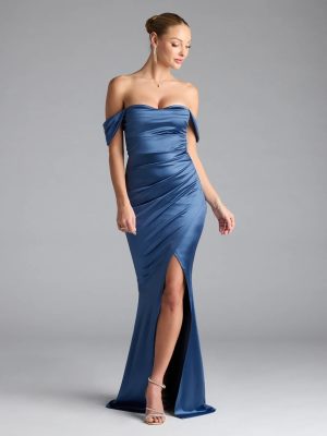 Belinda Off-The-Shoulder Slit Satin Formal Dress