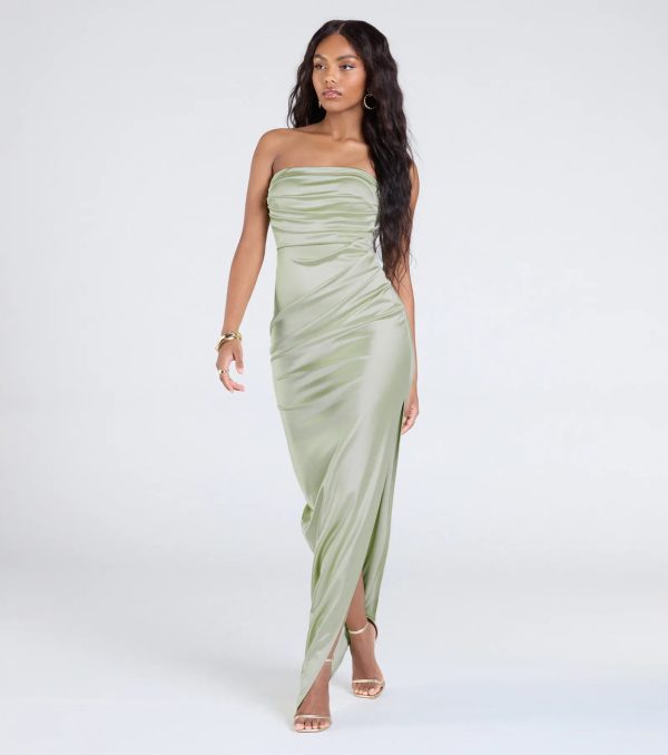 Brianna Satin Strapless High Slit Column Dress - Image 12