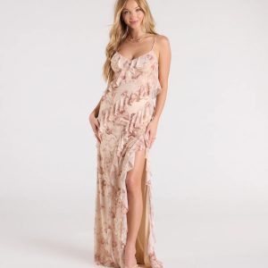 Sancia V-Neck Ruffle Slit Floral Formal Dress