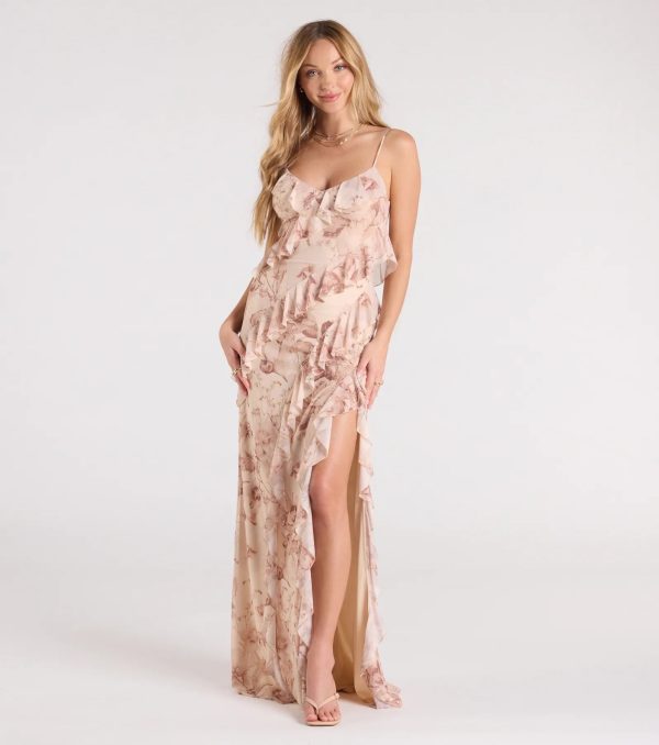 Sancia V-Neck Ruffle Slit Floral Formal Dress