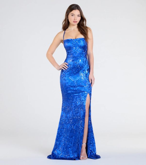 Marisol Lace-Up Column Sequin Satin Formal Dress - Image 13