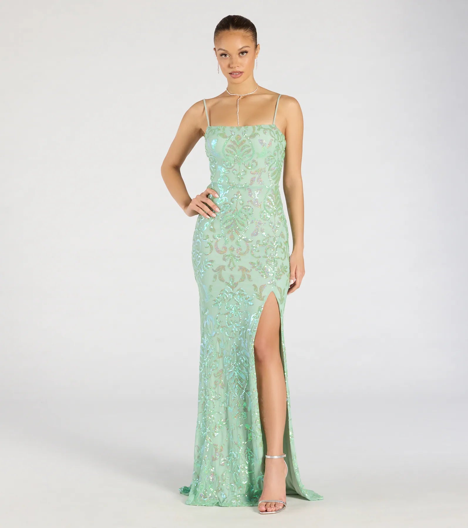 Celina Sequin Lace-Up High Slit Mermaid Dress - Image 5