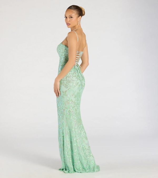 Celina Sequin Lace-Up High Slit Mermaid Dress - Image 6