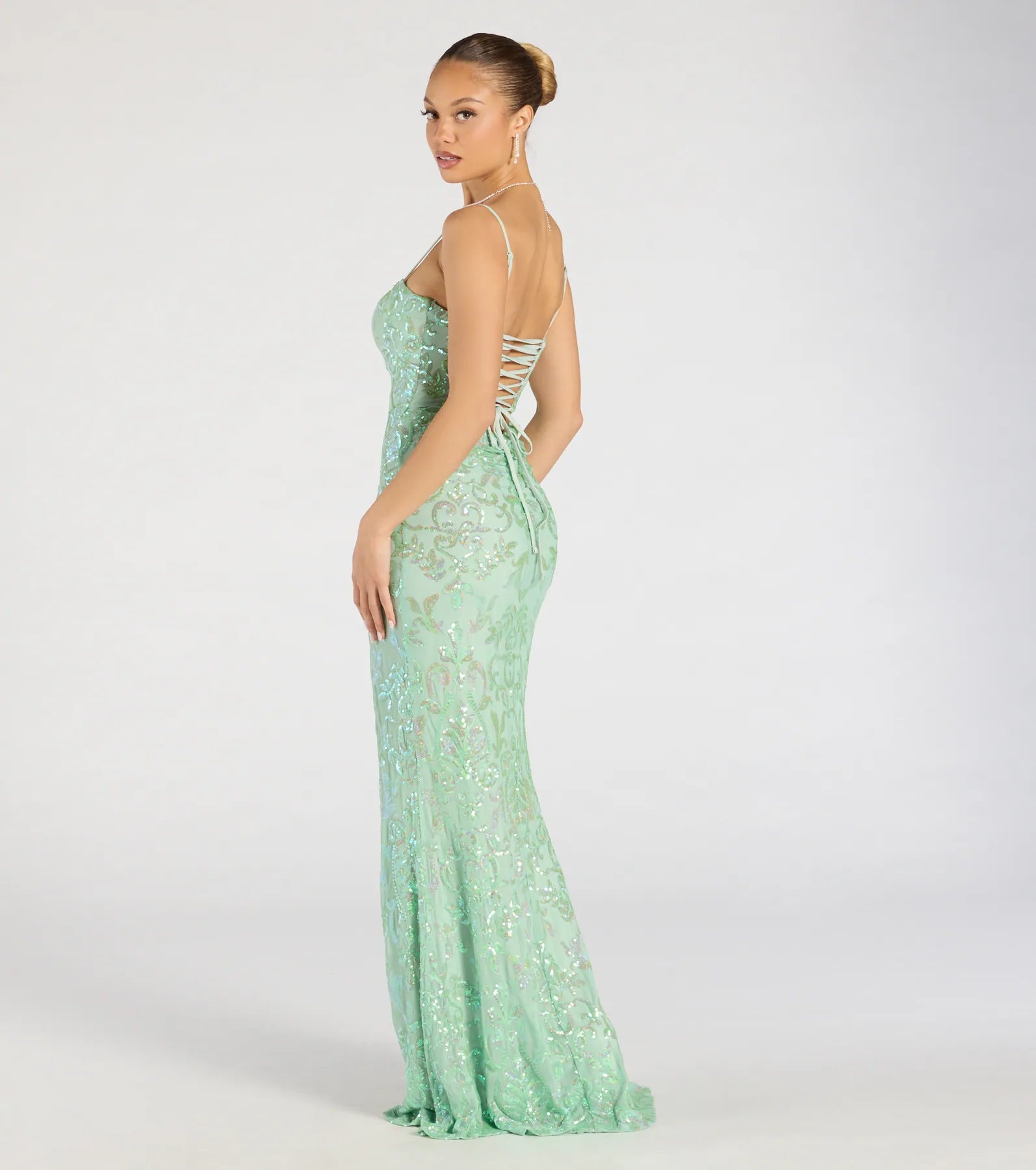 Celina Sequin Lace-Up High Slit Mermaid Dress - Image 6