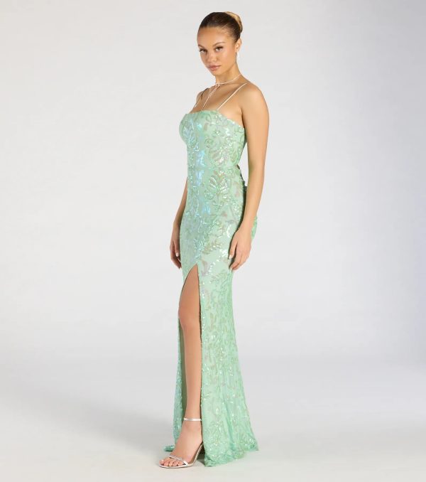Celina Sequin Lace-Up High Slit Mermaid Dress - Image 9