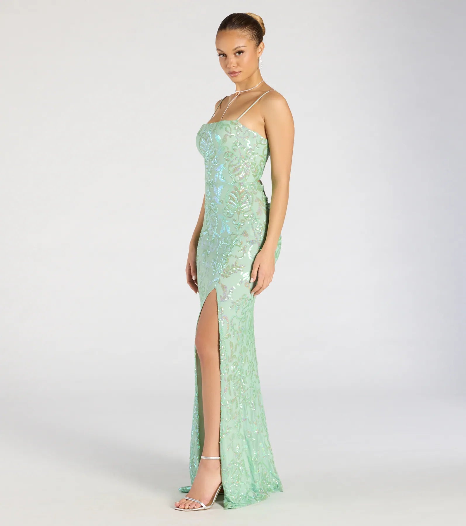 Celina Sequin Lace-Up High Slit Mermaid Dress - Image 9