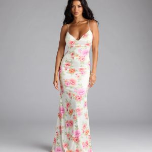 Emely Lace-Up Mermaid Floral Satin Formal Dress