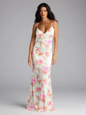 Emely Lace-Up Mermaid Floral Satin Formal Dress