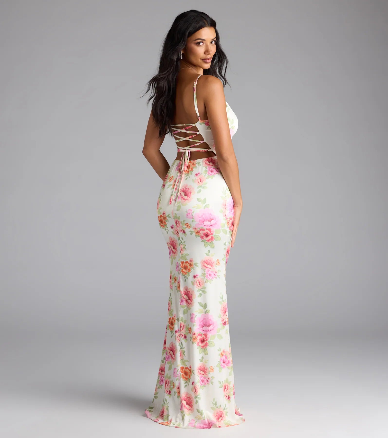 Emely Lace-Up Mermaid Floral Satin Formal Dress - Image 2
