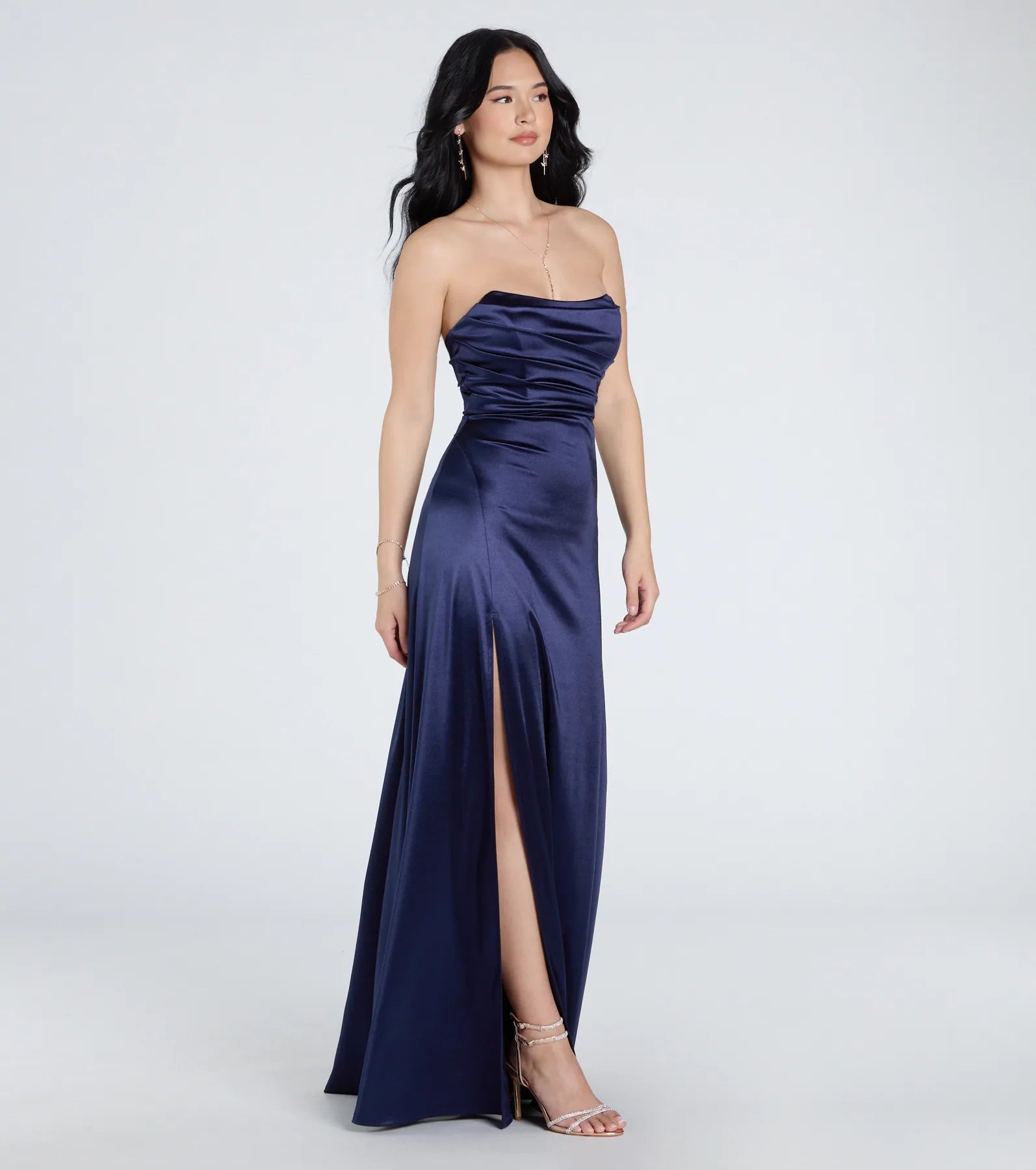 Alison Strapless Slit A-Line Satin Formal Dress - Image 4