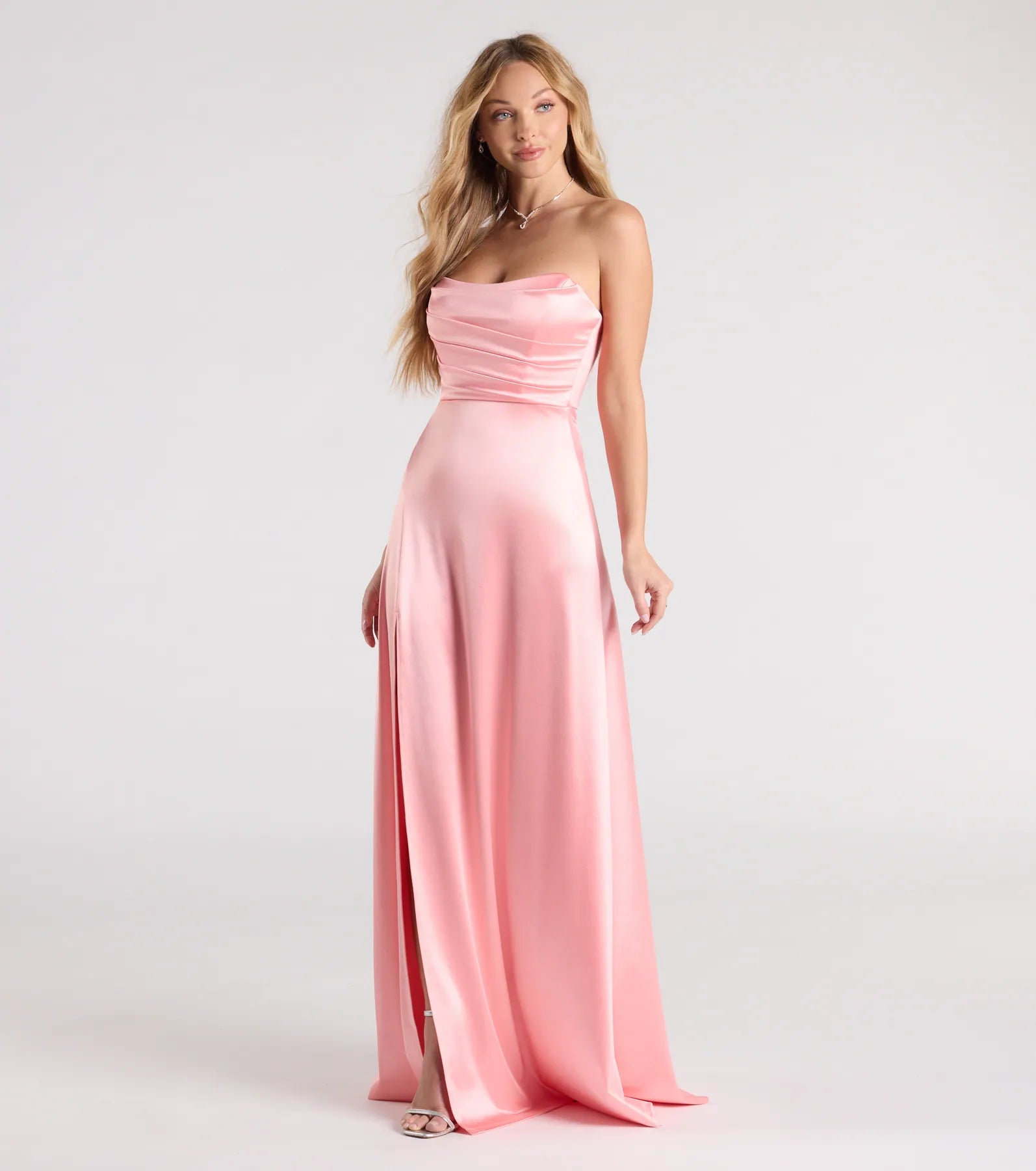Alison Strapless Slit A-Line Satin Formal Dress - Image 5