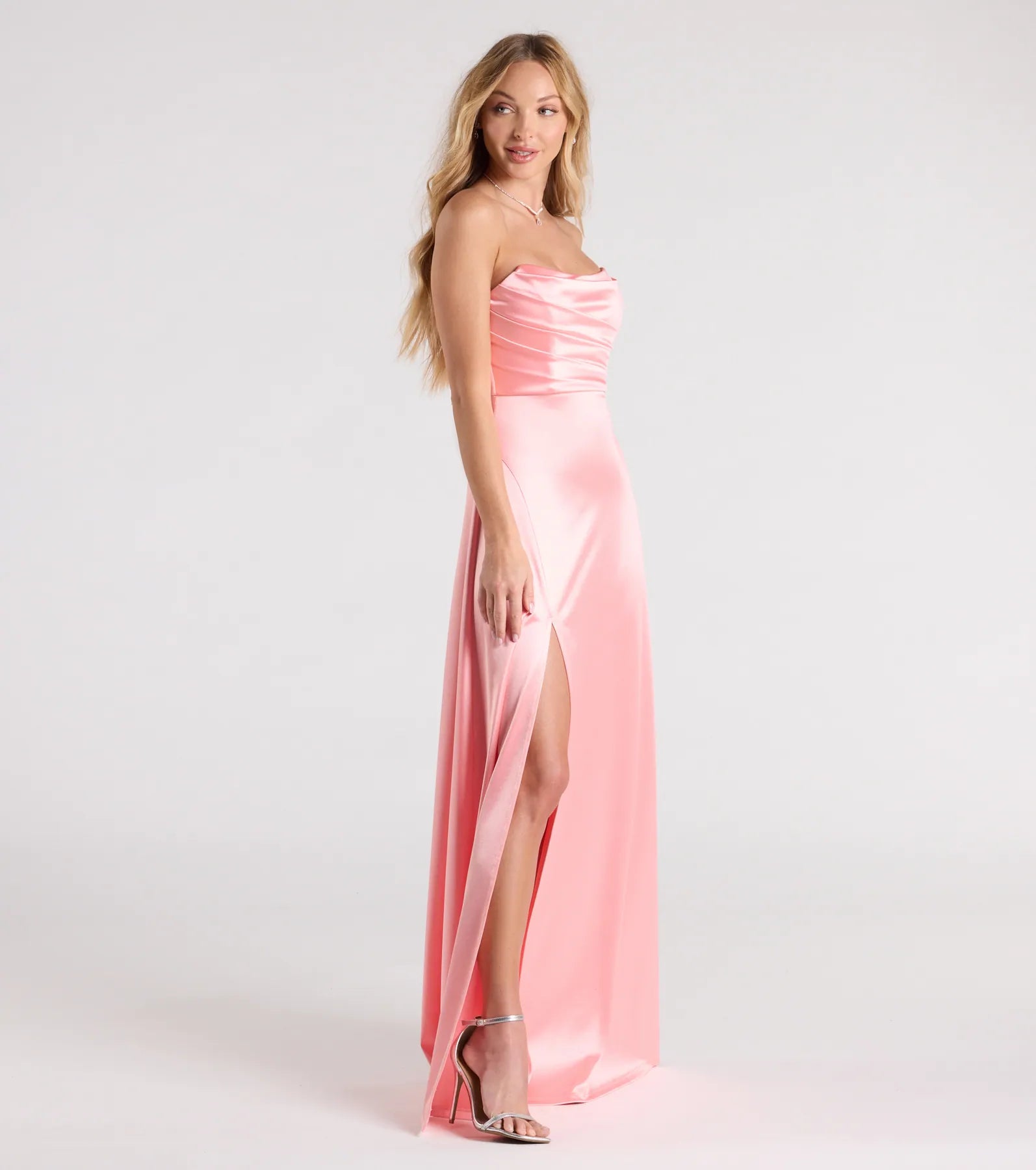 Alison Strapless Slit A-Line Satin Formal Dress - Image 8