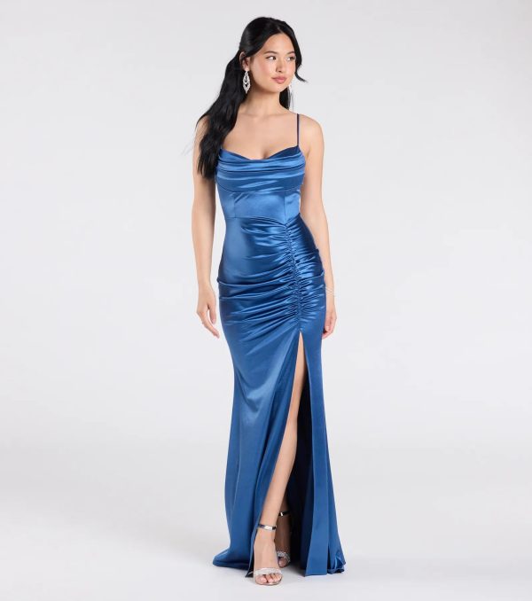 Jazmine Cowl Neck Slit A-Line Satin Formal Dress - Image 9