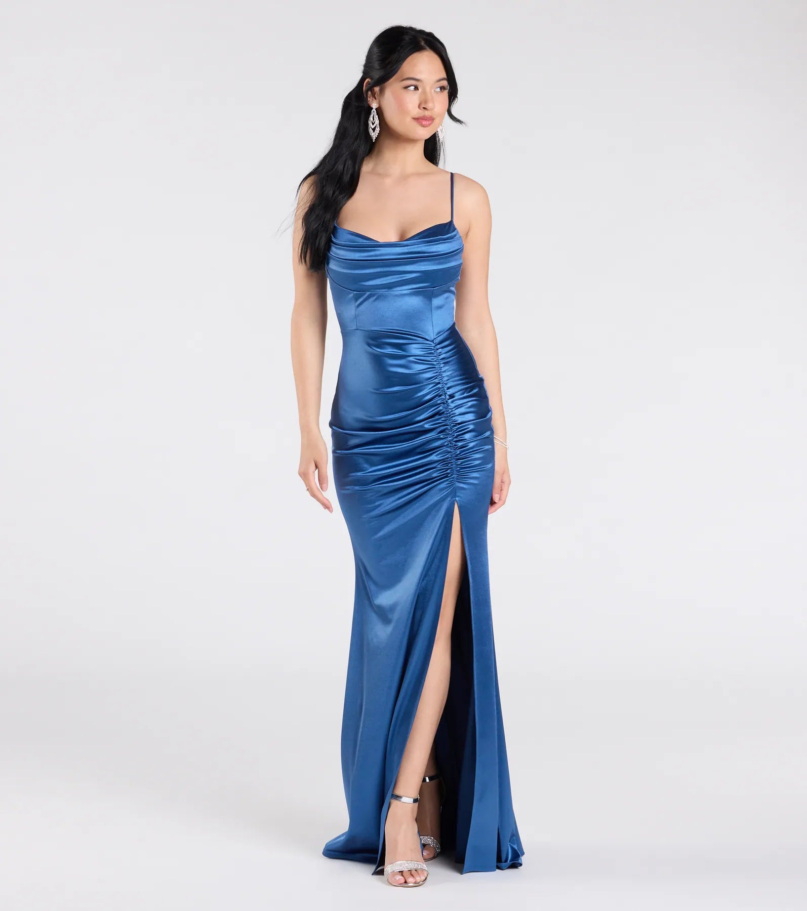 Jazmine Cowl Neck Slit A-Line Satin Formal Dress - Image 9