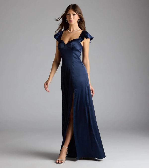 Olessa Short Sleeve A-Line Slit Satin Formal Dress - Image 5