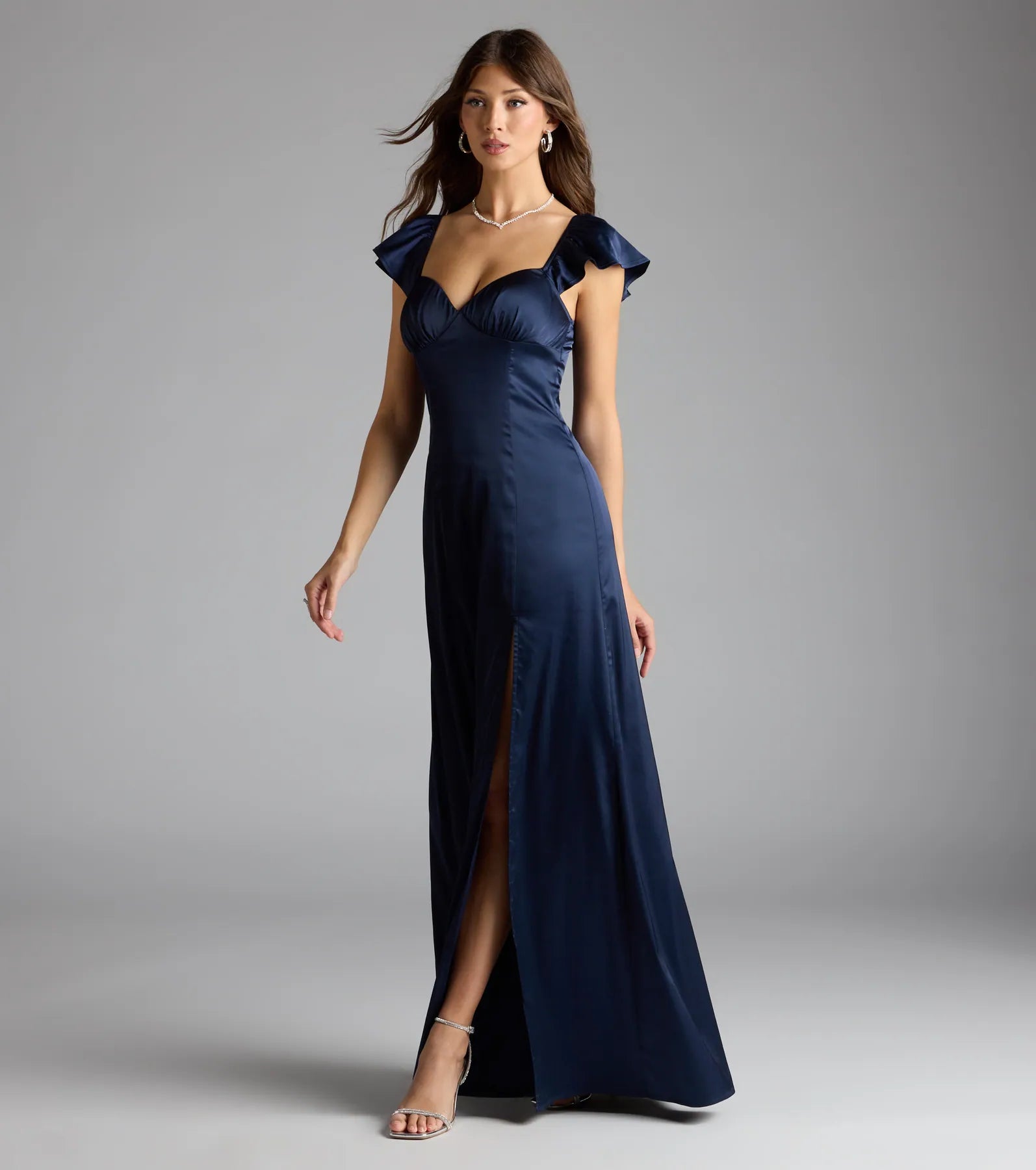 Olessa Short Sleeve A-Line Slit Satin Formal Dress - Image 5