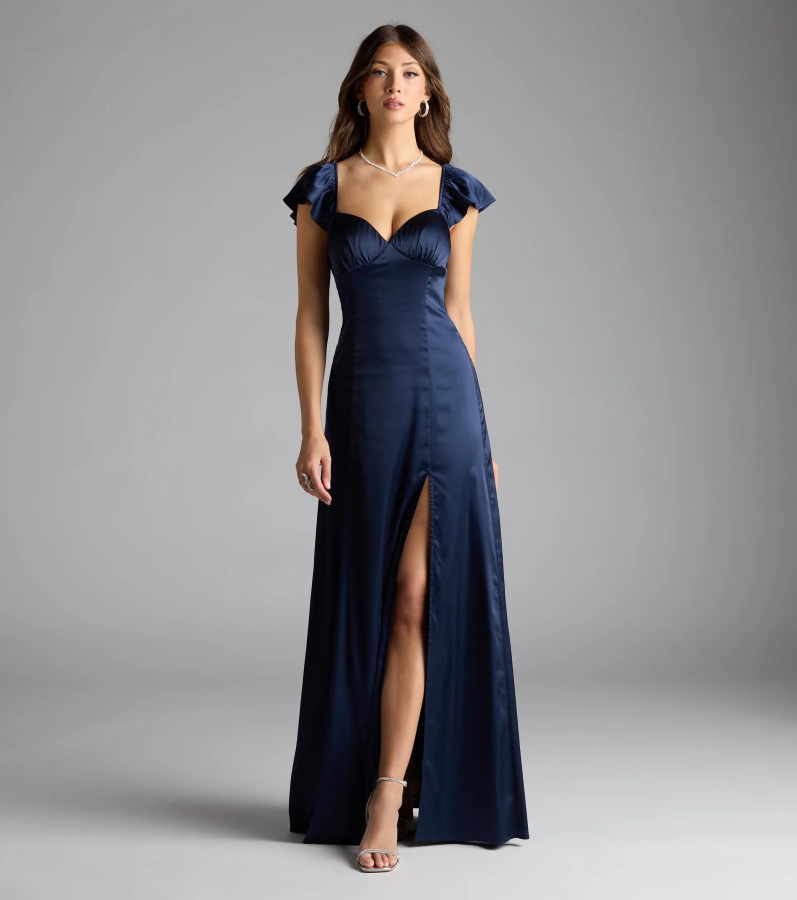 Olessa Short Sleeve A-Line Slit Satin Formal Dress - Image 8