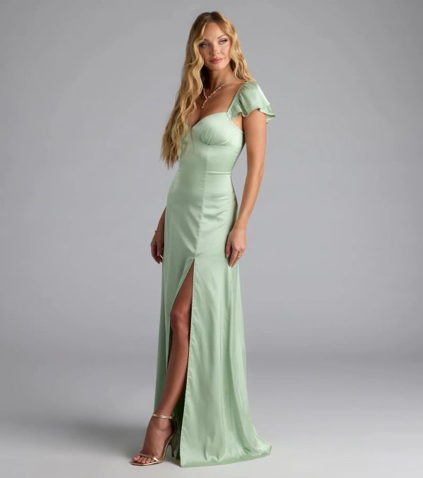 Olessa Short Sleeve A-Line Slit Satin Formal Dress - Image 4