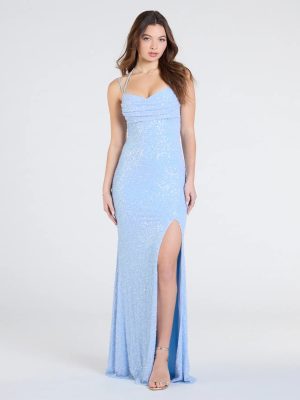 Kaitlyn Cowl Neck Slit Beaded Sequin Formal Dress