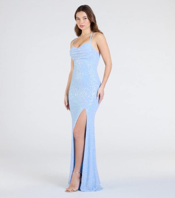 Kaitlyn Cowl Neck Slit Beaded Sequin Formal Dress - Image 4