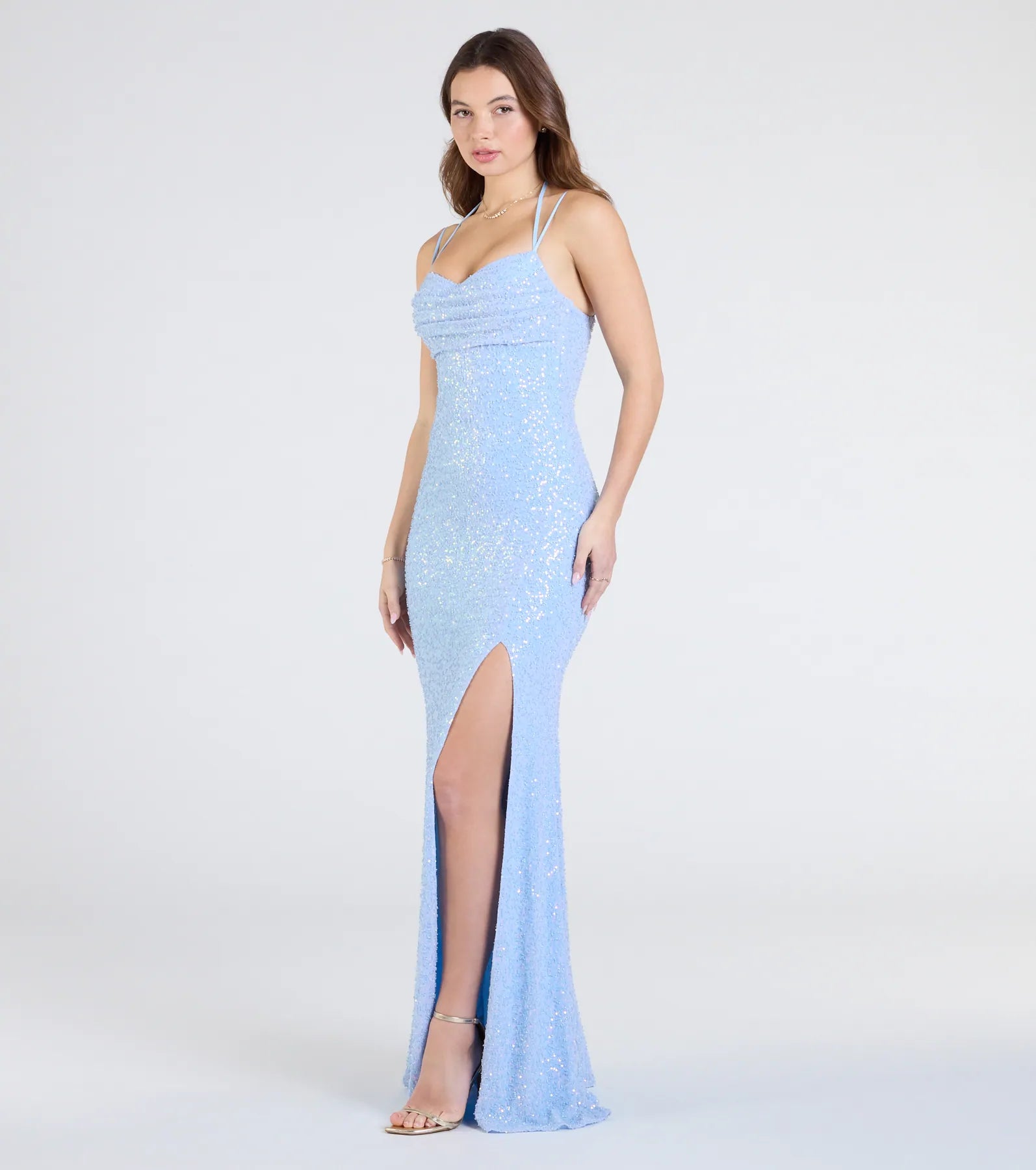 Kaitlyn Cowl Neck Slit Beaded Sequin Formal Dress - Image 4