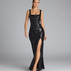 Taylor Lace-Up Slit Sequin Formal Dress