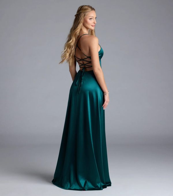 Lynnea Lace-Up Slit A-Line Satin Formal Dress - Image 2