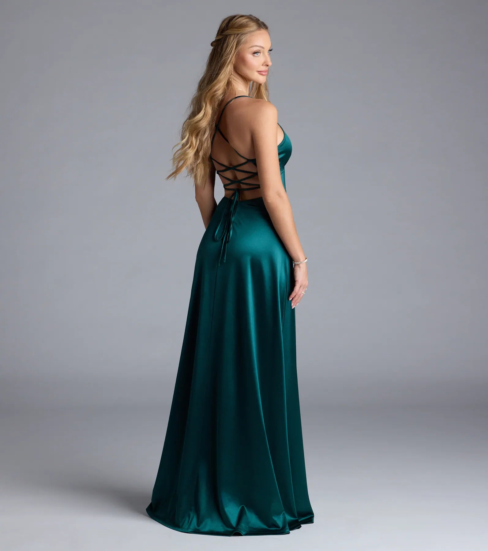 Lynnea Lace-Up Slit A-Line Satin Formal Dress - Image 2